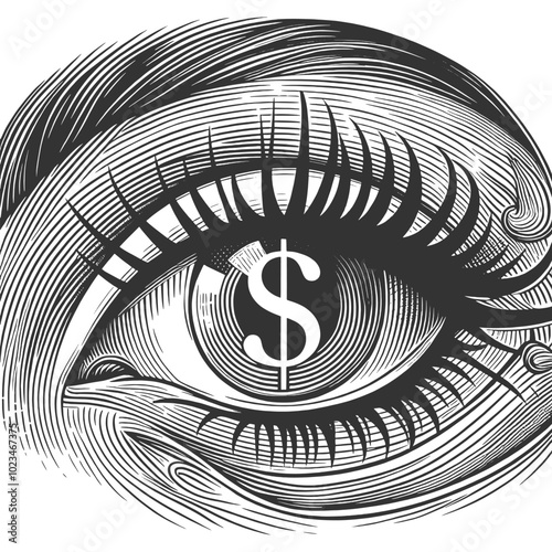 eye with a dollar sign as its pupil, symbolizing wealth, finance, or materialism sketch engraving generative ai fictional character vector illustration. Scratch board imitation. Black and white image.