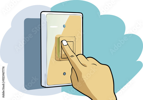 A vector illustration of a hand flipping a light switch, representing power control, activation, and energy usage in a modern style.