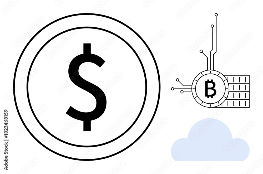 Two coins, a dollar sign and Bitcoin symbol linked with circuits, and a blue cloud. Ideal for showcasing concepts in finance, cryptocurrency, cloud computing, digital transactions, and technology Two coins, a dollar sign and Bitcoin symbol linked with circuits, and a blue cloud. Ideal for showcasing concepts in finance, cryptocurrency, cloud computing, digital transactions, and technology