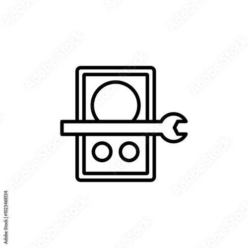 Simple outline of a speaker with a wrench, symbolizing audio equipment repair.