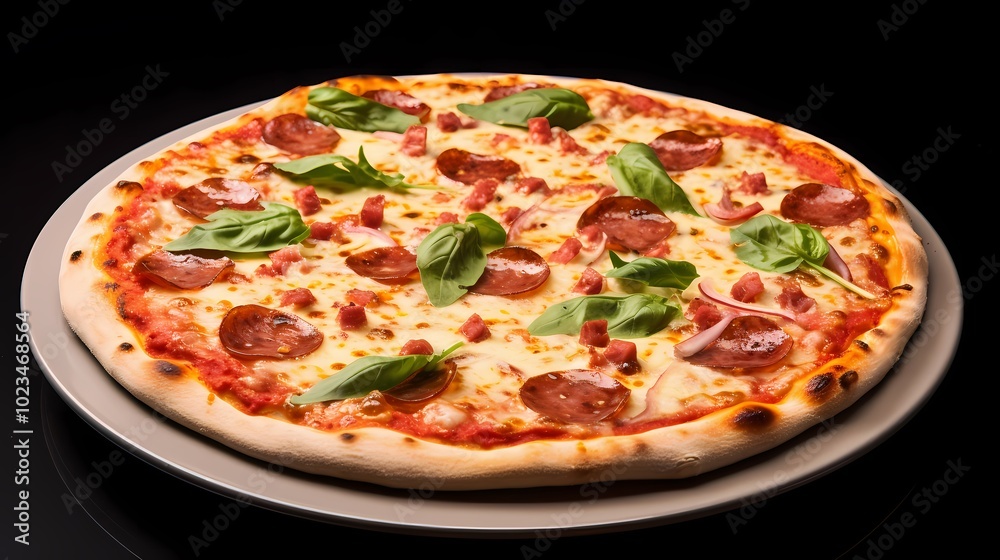 Delicious pizza topped with fresh basil and tomatoes, perfect for a savory meal. Delicious pizza topped with fresh basil and tomatoes, perfect for a savory meal.