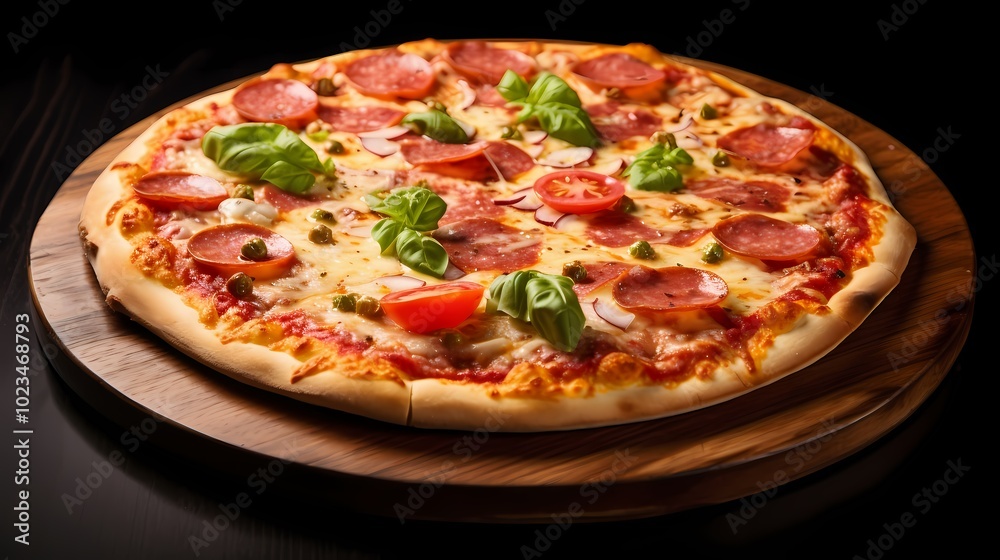 Delicious pizza topped with fresh basil and tomatoes, perfect for a savory meal. Delicious pizza topped with fresh basil and tomatoes, perfect for a savory meal.