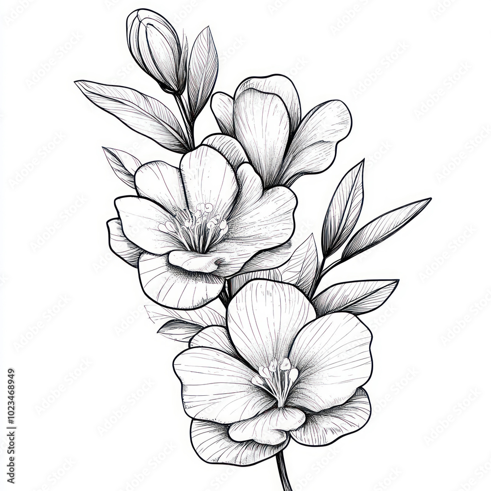 A Freesia, line pattern, black and white artwork style. Coloring book, zoom out, isolated on solid white background A Freesia, line pattern, black and white artwork style. Coloring book, zoom out, isolated on solid white background