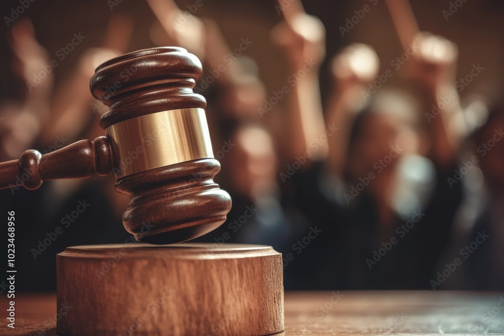A close-up of a gavel striking down on a wooden block, with blurred bidders in a crowded auction hall raising their paddles in the background A close-up of a gavel striking down on a wooden block, with blurred bidders in a crowded auction hall raising their paddles in the background