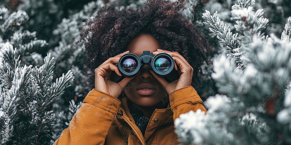 black woman with binoculars hiding in bushes black woman with binoculars hiding in bushes