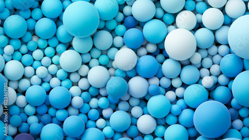 Many ocean blue bright color random soft balls background. Colorful balloons wall decoration of a children's festival. Huge pile of blue smooth gradient balls in various sizes. Vector background