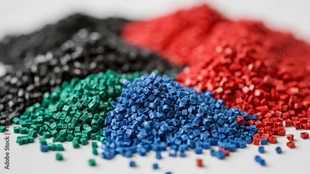 Blue, red and green Plastic pellets Background Close-up Plastic granules Polymer plastic beads resin polymer Blue, red and green Plastic pellets Background Close-up Plastic granules Polymer plastic beads resin polymer