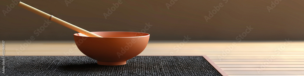 A minimalist composition of a Japanese tea ceremony bowl and chashaku bamboo stick resting on a simple black mat. A minimalist composition of a Japanese tea ceremony bowl and chashaku bamboo stick resting on a simple black mat.
