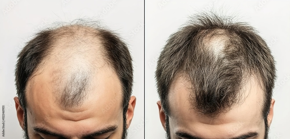 
A before and after photo of a hair loss treatment