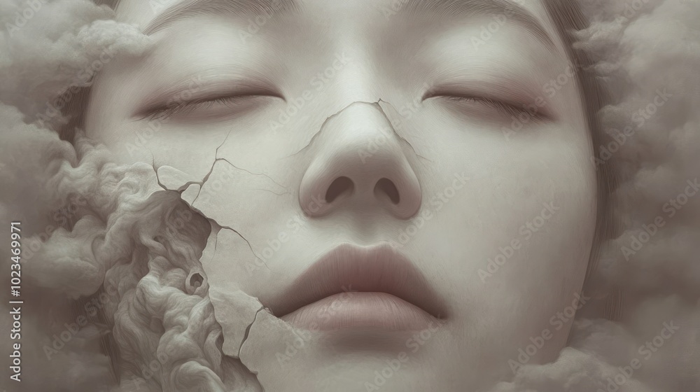A serene face emerging from cracked surface, surrounded by soft clouds, symbolizing introspection. A serene face emerging from cracked surface, surrounded by soft clouds, symbolizing introspection.