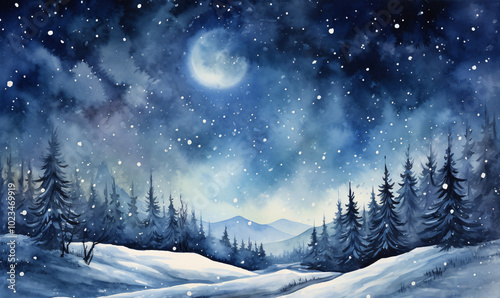 Snowy winter landscape in frosty weather. Watercolor painting style.