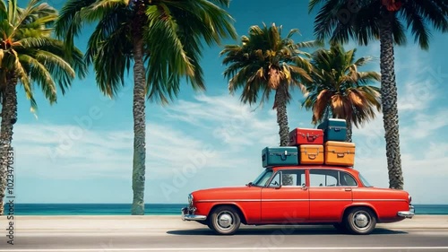 A vintage red car is cruising down a coastal road, topped with colorful luggage under a clear blue sky photo