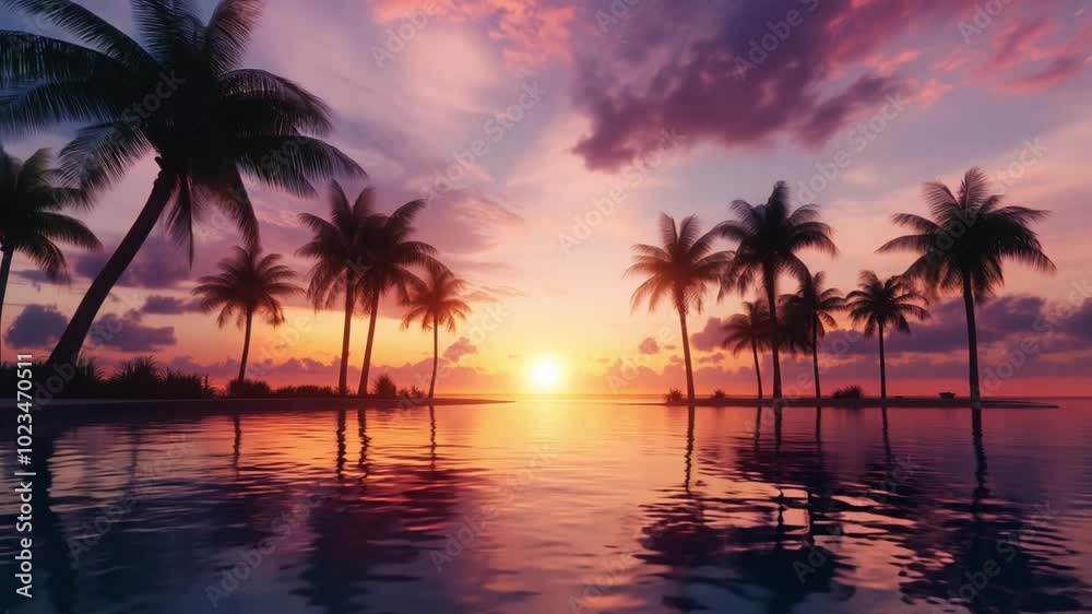 The sun sets over calm ocean waters, casting vibrant colors in the sky, while palm trees stand silhouetted against the horizon The sun sets over calm ocean waters, casting vibrant colors in the sky, while palm trees stand silhouetted against the horizon