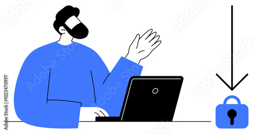 A man waves his hand while working on a laptop. A lock icon with a downward arrow suggests security. Ideal for cybersecurity, tech support, online safety, digital communication, work from home