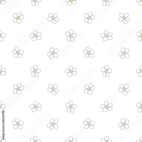 Seamless botanical doodle pattern with small white daisies, infinite texture