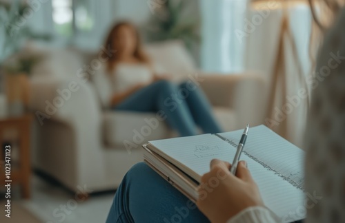 A close-up of the therapist's hand writing notes in her notebook, with an out-of-focus woman sitting on a sofa in the background, creating a cozy and comfortable atmosphere for the therapy session.