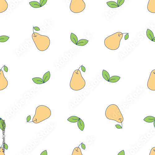 Seamless pattern with yellow pears and green leaves. Botanical Doodle Background