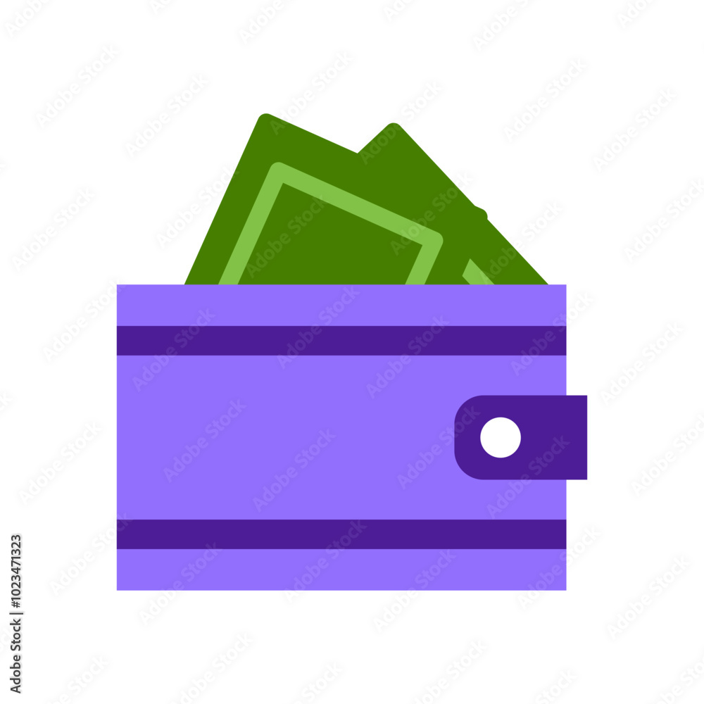 Purple wallet. Wallet with bills. Flat vector illustration. Purple wallet. Wallet with bills. Flat vector illustration.
