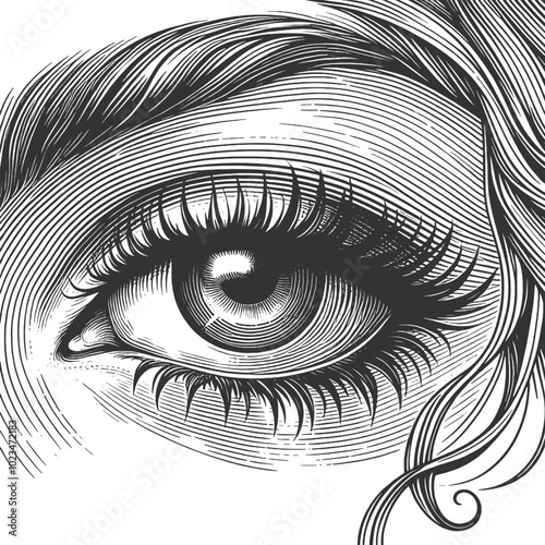 Female eye with fine lines and shading, capturing detailed lashes and eyebrow sketch engraving generative ai vector illustration. Scratch board imitation. Black and white image.