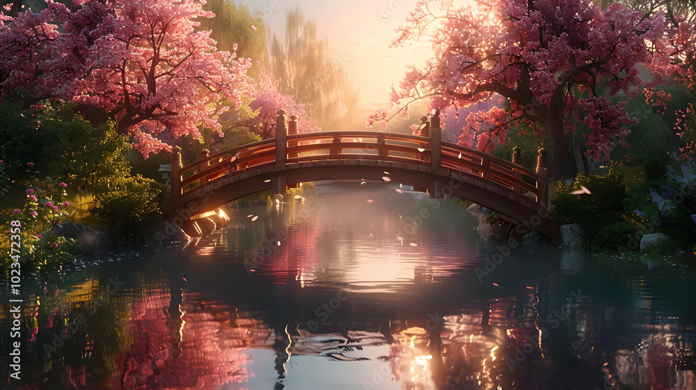 3D Illustration of a Japanese Garden with a Wooden Bridge and Cherry Blossoms 3D Illustration of a Japanese Garden with a Wooden Bridge and Cherry Blossoms