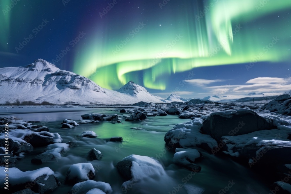 Aurora Borealis in the Iceland ice landscape outdoors.