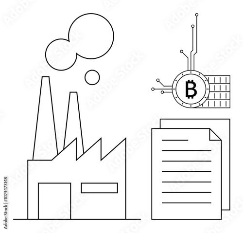 A factory building with chimneys, a Bitcoin symbol with circuit lines, and a document with lines. Ideal for finance, technology, digital currency, blockchain, and industrial themes. Simple line art