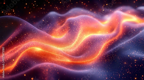 An abstract illustration featuring waves of glowing orange and purple light with sparkles on a dark background, creating a dynamic and artistic feel. photo