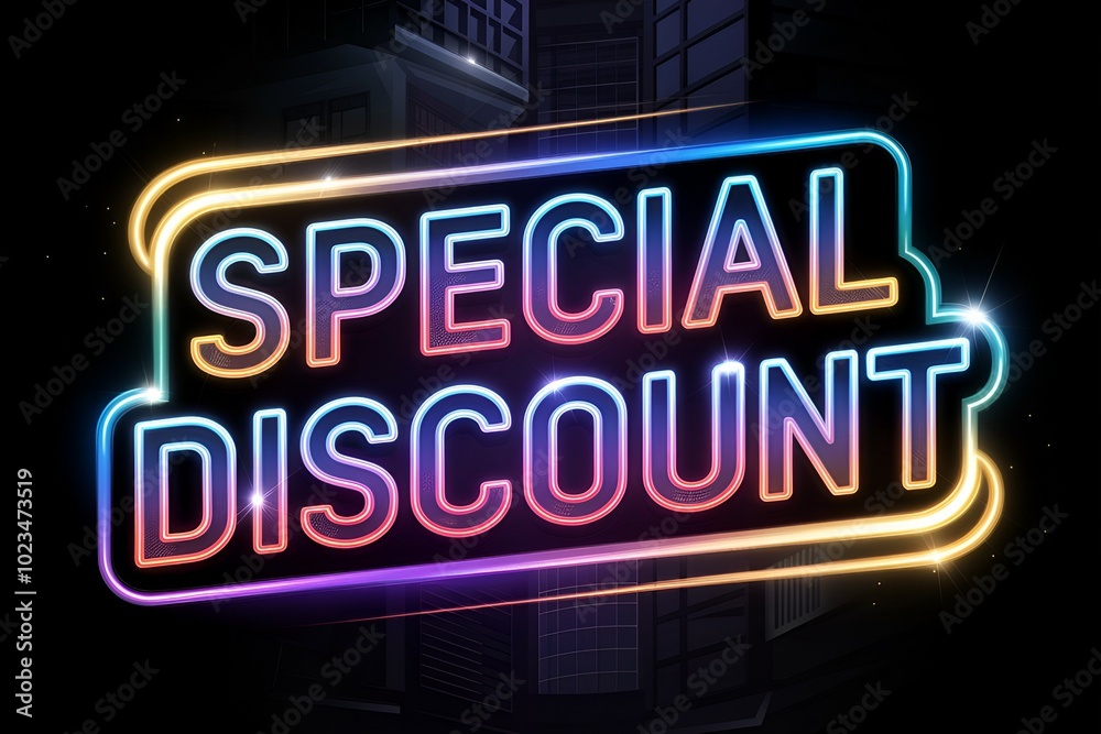 A neon sign that says Special Discount. The sign is colorful and has a neon glow. The sign is on a black background
