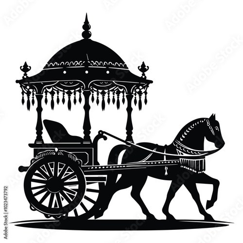 A monochrome illustration showcasing a traditional horse-drawn carriage, emphasizing its elegant design