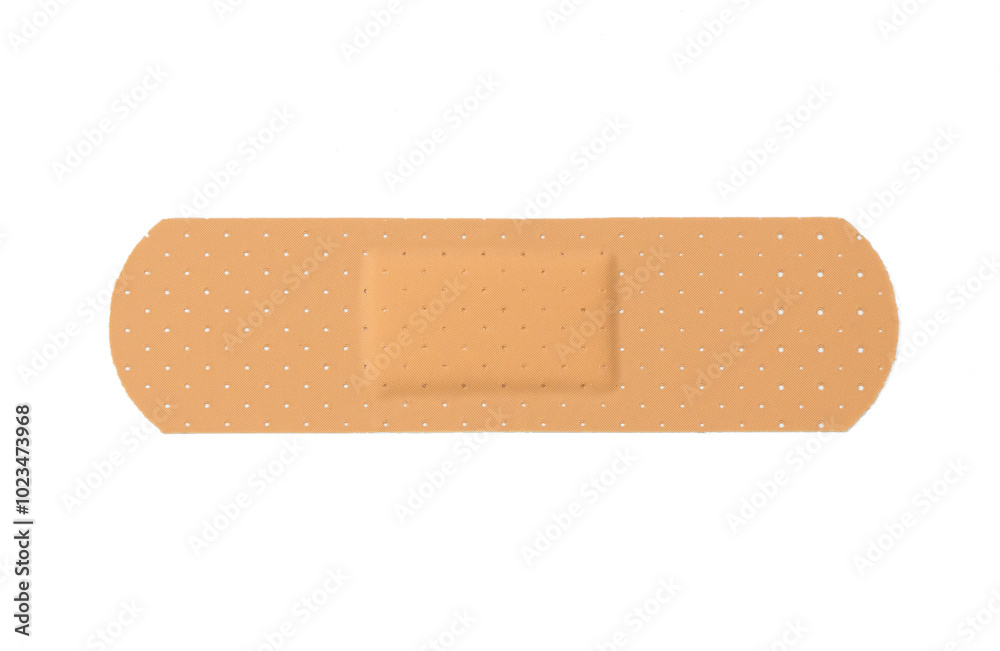A simple adhesive bandage laid flat on a clean white surface. medical plaster isolated A simple adhesive bandage laid flat on a clean white surface. medical plaster isolated