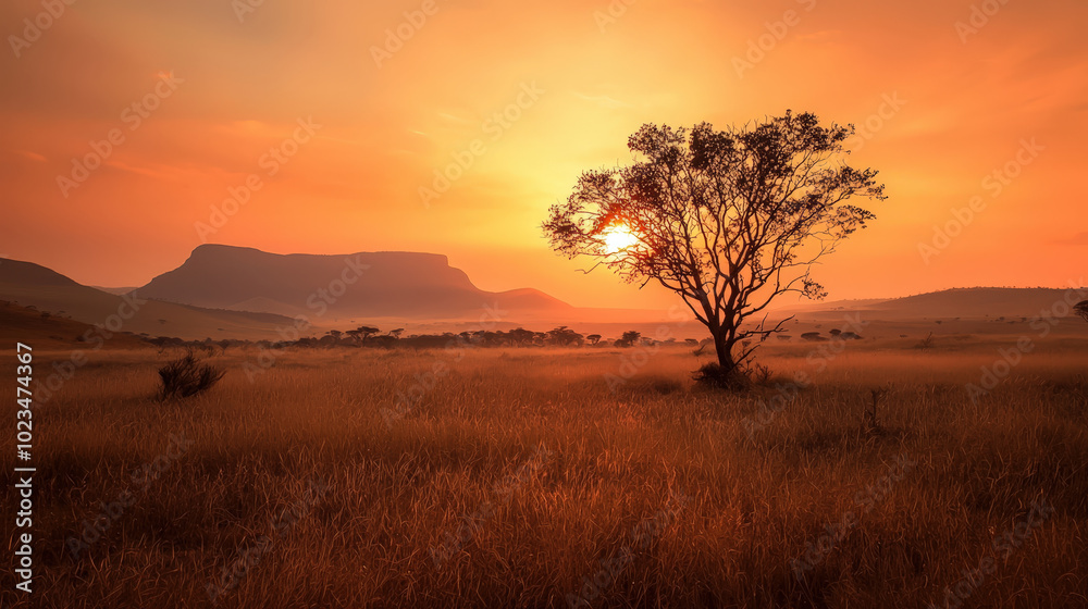 Scenic African savanna landscape with a tree silhouetted against a sunset