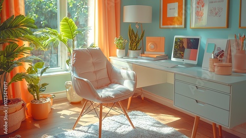 Cozy Pastel Office Corner with Stylish Chair and Desk