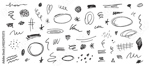 Hand drawn collection pen, pencil, charcoal simple elements. Doodle set different oval, lines, arrows, highlights and shapes in grunge style.