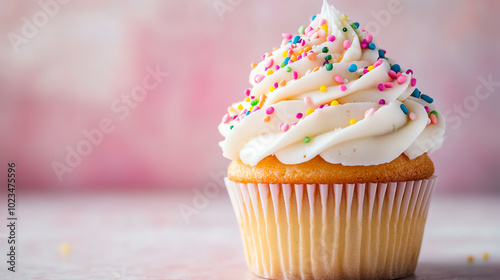 A delicious cupcake with creamy frosting and colorful sprinkles on top. The perfect treat for celebrations or a sweet snack.
