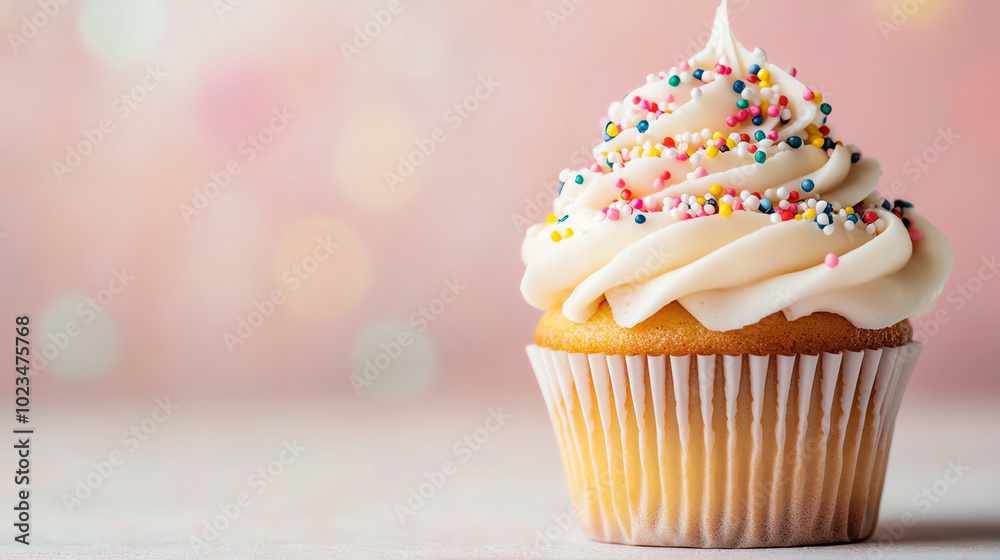 A freshly baked cupcake topped with creamy frosting and colorful sprinkles, set against a soft pastel background, perfect for dessert lovers and baking enthusiasts.