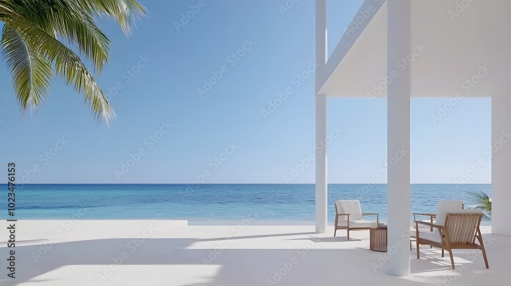 Fototapeta premium Stunning Oceanfront Luxury Suite with Minimalist Design - Expansive and Natural Light Highlighting Elegance by the Sea