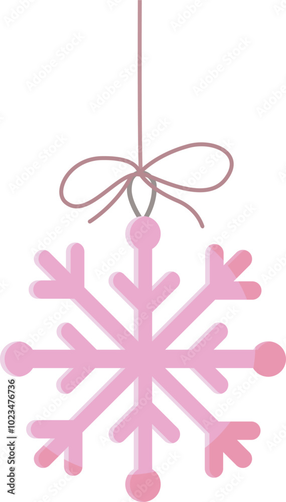 Cute pink snowflake hanging on a string. Hand drawn Christmas decoration Cute pink snowflake hanging on a string. Hand drawn Christmas decoration