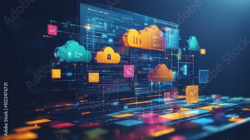 A vibrant digital interface showcasing cloud computing icons, data visualization, and network connections in a futuristic, tech-oriented environment.