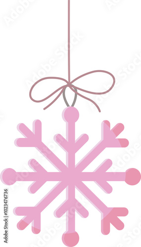 Cute pink snowflake hanging on a string. Hand drawn Christmas decoration