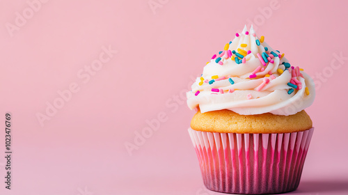 Obraz na płótnie Delicious cupcake with colorful sprinkles and creamy frosting on a pink background, perfect for celebrations and sweet treats. w salonie