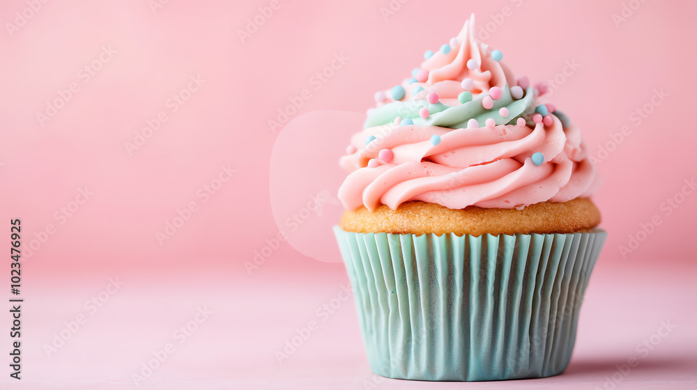 Delicious cupcake with pastel pink and blue frosting, topped with sprinkles, set against a soft pink background, perfect for dessert and celebration themes. Delicious cupcake with pastel pink and blue frosting, topped with sprinkles, set against a soft pink background, perfect for dessert and celebration themes.
