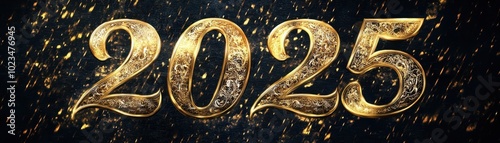 Ornate Golden 2025 on a Black Background with Glittering Streaks
