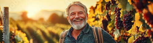 Smiling senior man hiking through a beautiful vineyard at sunset.