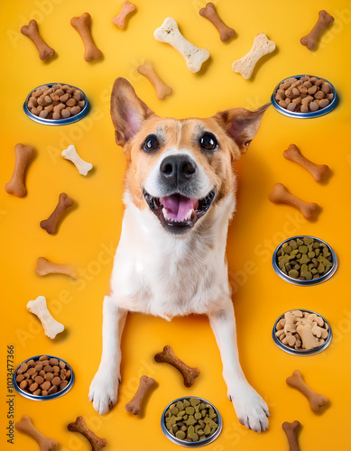 A cheerful dog beaming with excitement, surrounded by an assortmen photo