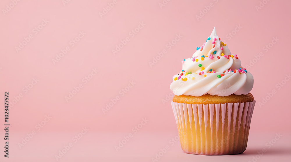A delicious cupcake with creamy frosting and colorful sprinkles, set against a soft pink background, perfect for dessert lovers and bakery promotions. A delicious cupcake with creamy frosting and colorful sprinkles, set against a soft pink background, perfect for dessert lovers and bakery promotions.