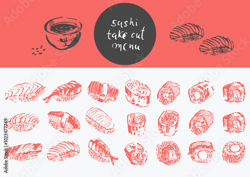 Asian food background with different types of sushi, sashimi and rolls with salmon fish, caviar, nori, rice, crab, prawn.