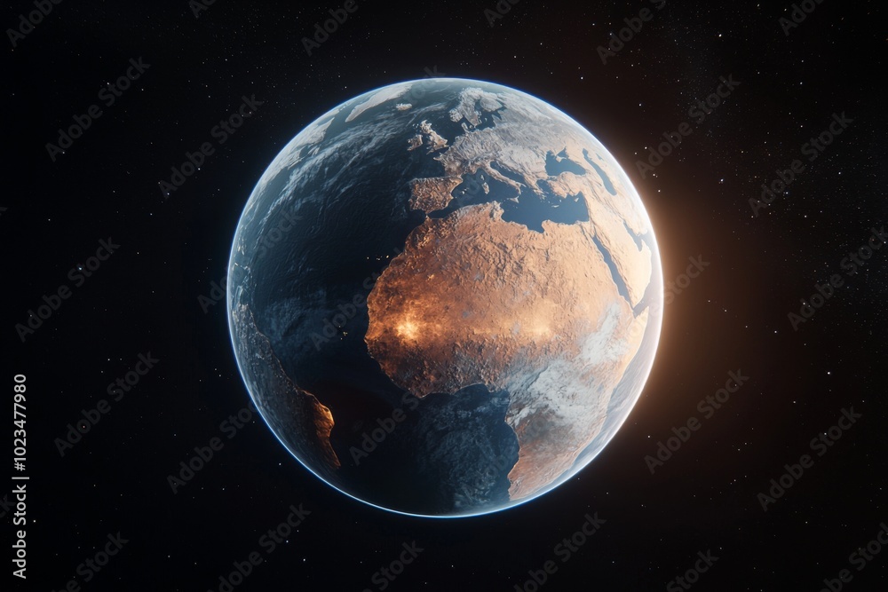 Fototapeta premium Planet Earth Seen from Space with Sunlight Glowing Blue Against Dark Background
