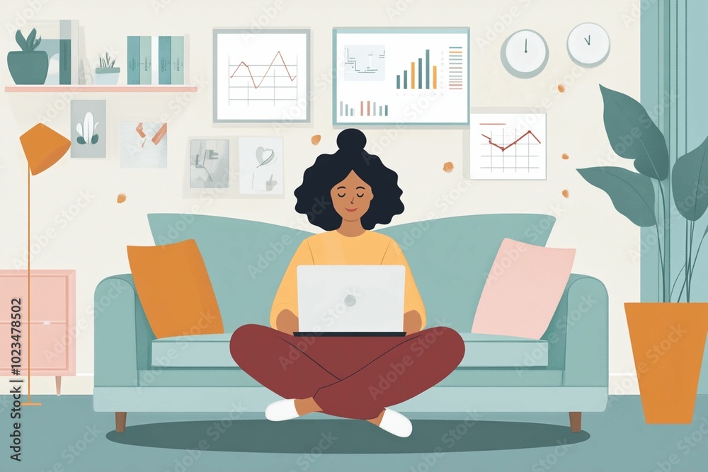 A confident freelancer woman sitting cross sofa A confident freelancer woman sitting cross sofa