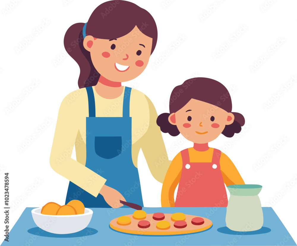 A vector illustration of a mother and daughter cooking together, symbolizing family bonding, teamwork, and shared activities. A vector illustration of a mother and daughter cooking together, symbolizing family bonding, teamwork, and shared activities.
