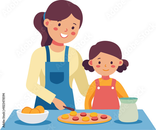 A vector illustration of a mother and daughter cooking together, symbolizing family bonding, teamwork, and shared activities.